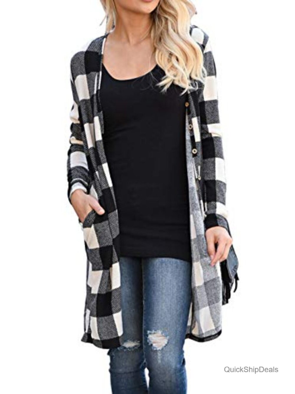 Women's Open Front Long Plaid Cardigan Snap Knit Kimono Sweater